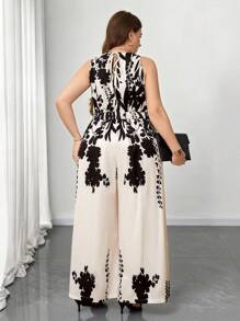 SHEIN Clasi 加大码全身印花圆领无袖优雅连体裤，适合夏季女士夏季服装