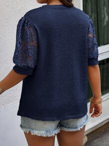 Weeklong Plus Size Solid Color Lace Patchwork Short Sleeve T-Shirt Summer