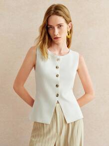 Pariaura 法式复古青春时尚简约日常通勤度假白色罗纹圆领背心不对称金属纽扣侧开衩法式休闲商务开衫女针织上衣适合叠穿或单穿