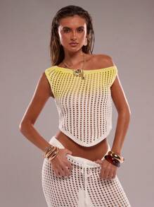 SHEIN BAE Women's White And Yellow Asymmetric Neck Strapless Knit Tops,Slouchy Boho Summer Casual Resort Woolen Knit,Street Wear Vacation Holiday - Multicolor - View 5
