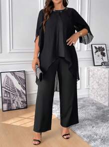 2 件套大码女式雪纺圆领亮片贝壳袖优雅连衣裙 - 黑色 - 查看 6