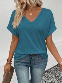 SHEIN LUNE 夏季休闲纯色蝙蝠袖T恤 - 水鴨藍 - 查看 6