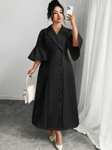 Modelyn Vestido elegante de talla grande para mujer de verano, de unicolor, con cuello de solapa, abotonadura única y mangas acampanadas - Negro - Ver 3