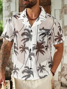 Manfinity Homme 加大码男士镂空面料热带棕榈树印花短袖衬衫男士棕榈树衬衫男士度假衬衫男士夏威夷衬衫衬衫男士 - 白色 - 查看 3