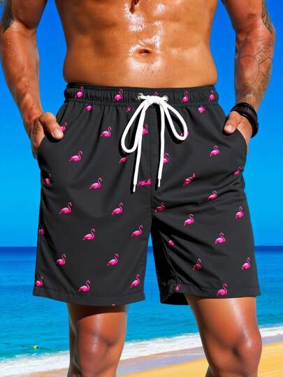 VIVINTIMO Men's Casual Loose Fit Pocketed Drawstring Waist Beach Shorts Men Swim Trunks Funny Men's Swim Trunks Matching Swim Trunks Men Matching Men Matching Swim Trunks Men Swim Trunks Set Flamingo Swim Trunks Black And Pink Swim Trunks Men Flamingo Swim Shorts Men Swim Trunks Flamingo Print Pink Flamingo Swim Shorts, Holiday