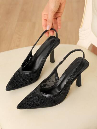 CUCCOO HITCHD Pointed Toe Lace Net Mesh Elegant Wedding Party High Heel Slingback Pumps For Women