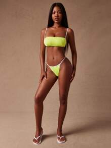 SHEIN Unity Women's Contrast Trim Triangle Bikini Bottom For Summer Beach Vacation - Green - View 3