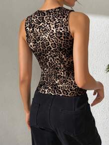 SHEIN LUNE Women's Fashionable Leopard Print Button Front Asymmetric Hem Split Slim Fitted Top - Multicolor - View 2