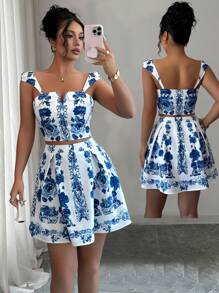 Elenzga 2pcs/Set Positioned Printed Elegant Top And Bottom Set, Summer - Multicolor - View 3