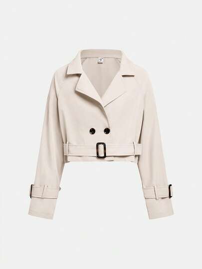 SHEIN Girlism 青少年女孩宽松休闲简约舒适收腰短款风衣，时尚长袖短款风衣，秋冬/秋季