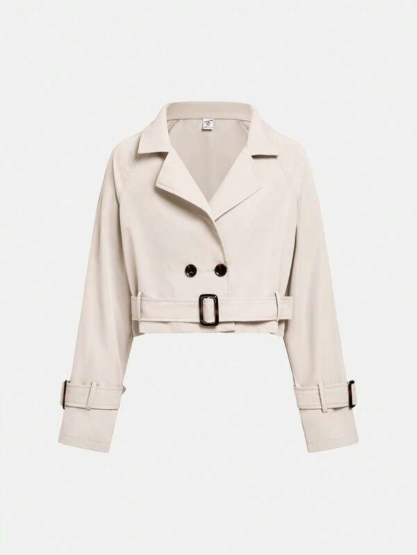 SHEIN Girlism Tween Girl Loose Casual Minimalist Comfortable Cinched Waist Short Trench Coat, Fashion Long Sleeve Cropped Trench Coat Fall Winter