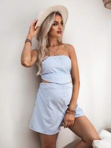 SHEIN Setelan Hamil 2 Potong Atasan Bandeau Garis-garis Biru & Putih Klasik dan Celana Pendek Longgar - Blue and White - View 6