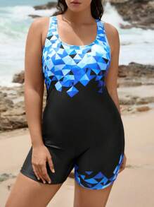 Swim SPRTY Traje de baño de una pieza con recorte en la espalda y estampado de ubicación para mujer de talla grande para playa y surf - Negro - Ver 3