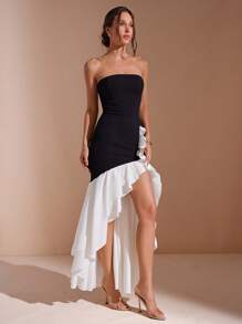 L'Amorae Women's Elegant Wedding Black And White With High Slit And Layered Bottom Long Dress - Black and White - View 4