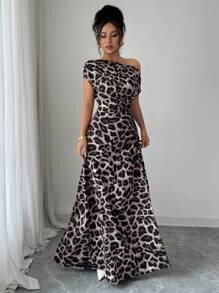 Elenzga Leopard Print Asymmetrical Shoulder Ruched Waist Dress - Brown - View 3
