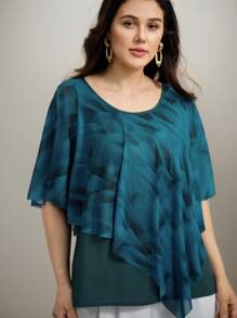 EMERY ROSE 大码女式优雅网眼衬衫飘逸斗篷休闲衬衫 - 綠色 - 查看 3