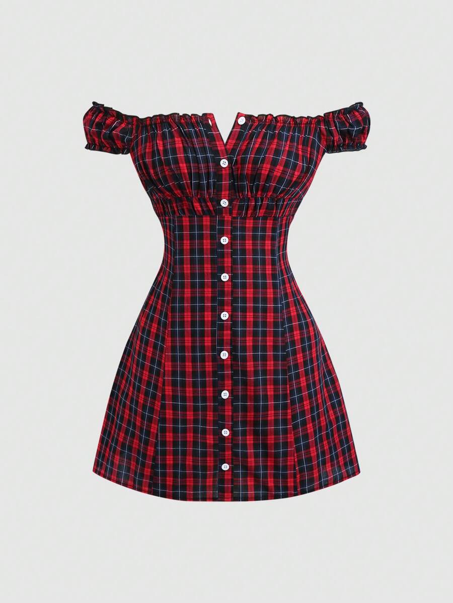 Sweetra 夏季时尚格子露肩束腰迷你连衣裙 - 紅色 - 查看 1
