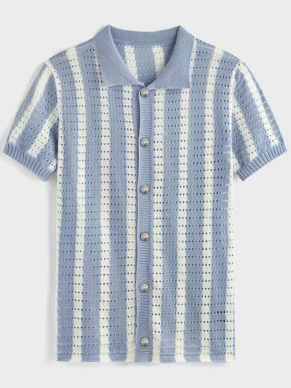 Manfinity CityGents Men's Plus Size Blue And White Striped Half Sleeve Knit Polo Shirt, Perfect For A Casual Preppy Look.