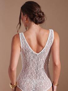 L'Amorae Women's Elegant Sleeveless Lace Low Neck Lace Bodysuits With Gold Detail, Summer Outfits For Women, Vacation Outfits For Women, Birthday Outfits - White - View 5