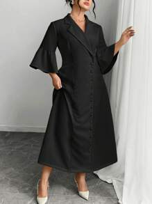 Modelyn Vestido elegante de talla grande para mujer de verano, de unicolor, con cuello de solapa, abotonadura única y mangas acampanadas - Negro - Ver 7