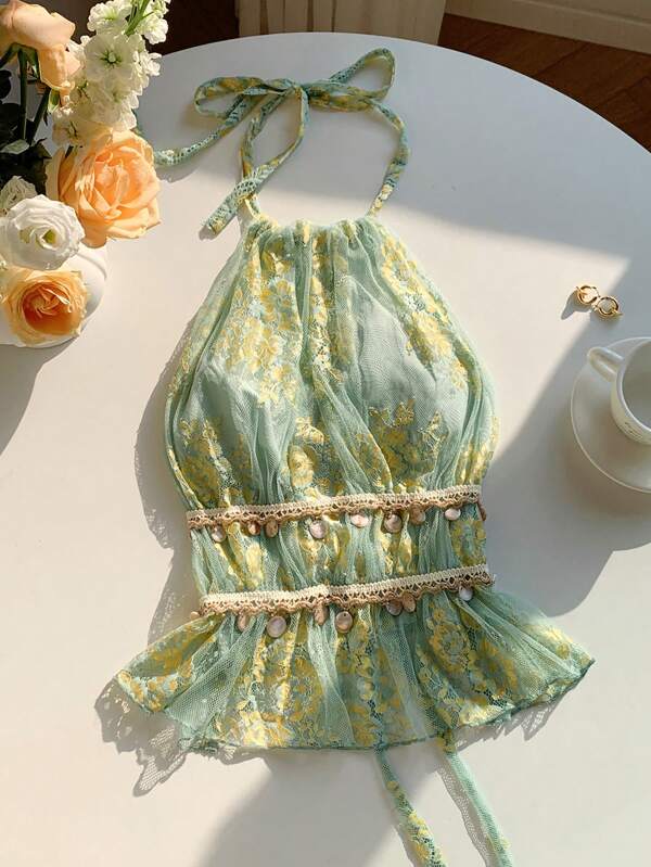 Comfortcana Ärmelloses Neckholder-Top für Damen, modisch für den Sommer, geeignet für den Alltag und den Urlaub, romantisches Date-Night-Top, sexy Boho-Neckholder-Top mit rückenfreiem Muscheldekor, Aprikosenfarbe