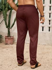 Genlund Celana Linen Pria Polos Kasual Slim Fit Celana Linen Pria Celana Jogger Pria - merah tua - View 2
