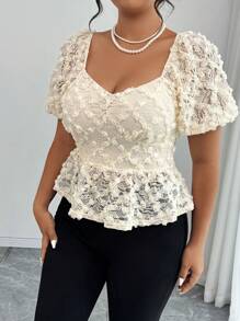 Elenzga Plus Size Embroidered Flounce Hem Short Sleeve Blouse - Apricot - View 6