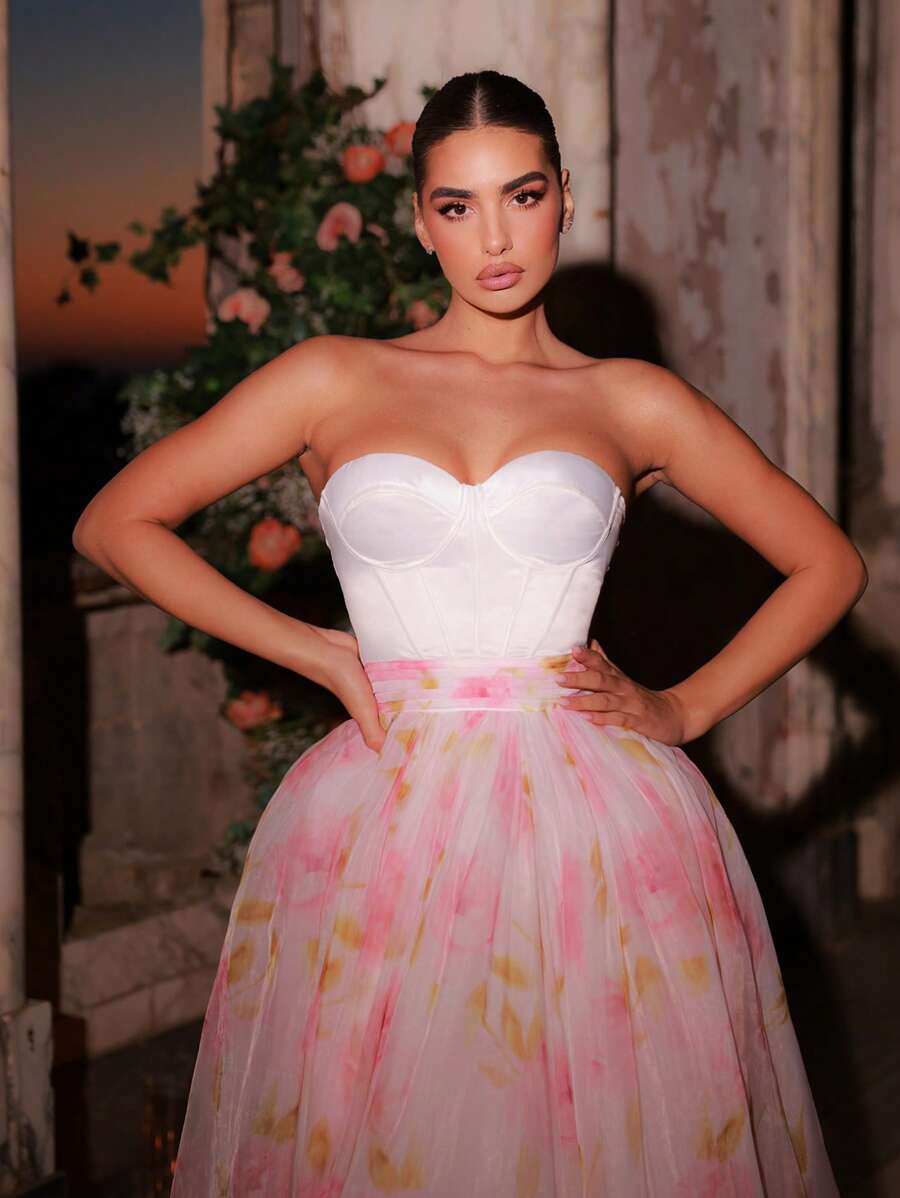 Glamrae Women's Elegant Digital Printed Luxury Satin Sweetheart Neck Adjustable Back Tie High Waist Extra Flare Formal Evening Gown, Party Dress, For Wedding Guest - Multicolor - View 1