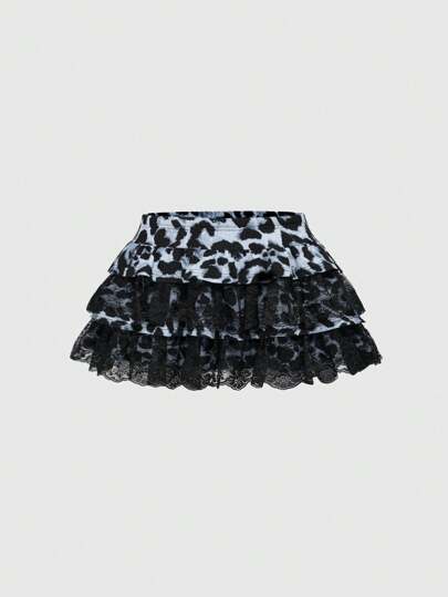 Grunge Punk Jupe courte mini volantée patchwork en dentelle léopard style Y2K, taille basse pour femme