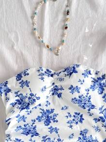 Tween Girl Vacation Floral Print Side Ruched Snug Fit Mini Dress, Fitted Waist, Strapless, Suitable For Party, Afternoon Tea, Fashionable For Spring/Summer - Blue - View 6