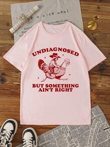 INAWLY 未确诊，但有些不对劲复古抽象电视海报动画肖像元素有趣的卡通古怪图案印花休闲粉色 T 恤 - 粉色 - 查看 3