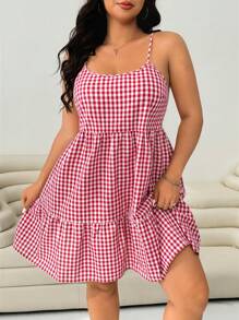 Solflare 大码红白格子露背吊带连衣裙