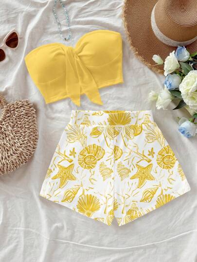 Soleia Casual Vacation Style Yellow Ocean Shell Hand-Painted Shell Cute Shell Style Bandeau Top And Shorts Set, Women 2 Pieces Outfit Suitable For Summer And Seaside