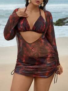 Swim Vcay 3件套女士加大码性感随机花卉印花细肩带沙滩泳衣