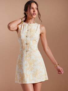 L'Amorae Women's All-Over Print Round Neck Sleeveless Button Front Dress - Multicolor - View 4