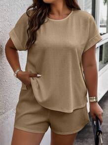 Weeklong Plus Size Solid Color Batwing Sleeve Top And Shorts Casual Two Piece Set - Khaki - View 3