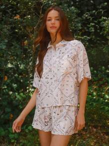 WESTFADE Women White Summer Modest Picnic Holiday Country Western Patchwork Print Collared Button Front Short Sleeve Shirt & High Rise Drawstring Shorts Set - Multicolor - View 1