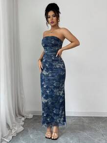 Rafferiza 女式复古印花褶饰紧身网眼连衣裙