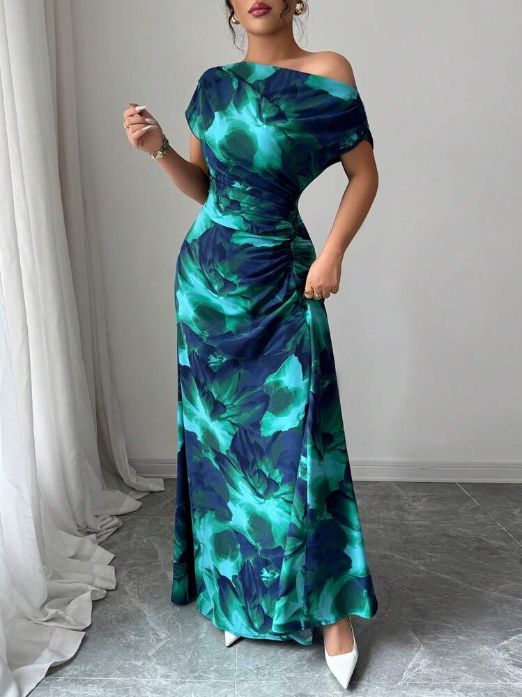 Elenzga Women's Minimalist Print Asymmetrical Shoulder & Waist Ruched Dress - Blue - View 4