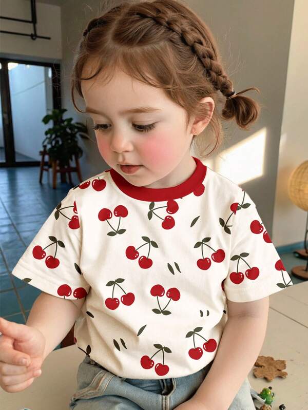 SHEIN Young Girls Cute Mini Cherry Print, "Cherry Girl" Casual Minimalist Round Neck Short Sleeve T-Shirt, Suitable For Summer