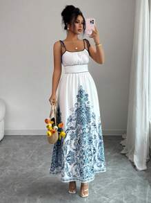 SHEIN LUNE Summer New White Paisley Print Spaghetti Strap Midi Dress, Slim Waist Elegant Covering Midsection - Multicolor - View 4