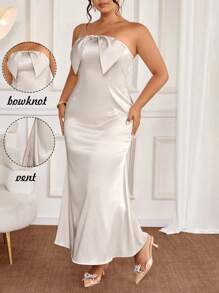 Elenzga Elegante y glamuroso vestido formal de color champán con escote asimétrico, espalda descubierta, lazo, cierre invisible, que estiliza la cintura, con cola de pez y abertura lateral, talla grande