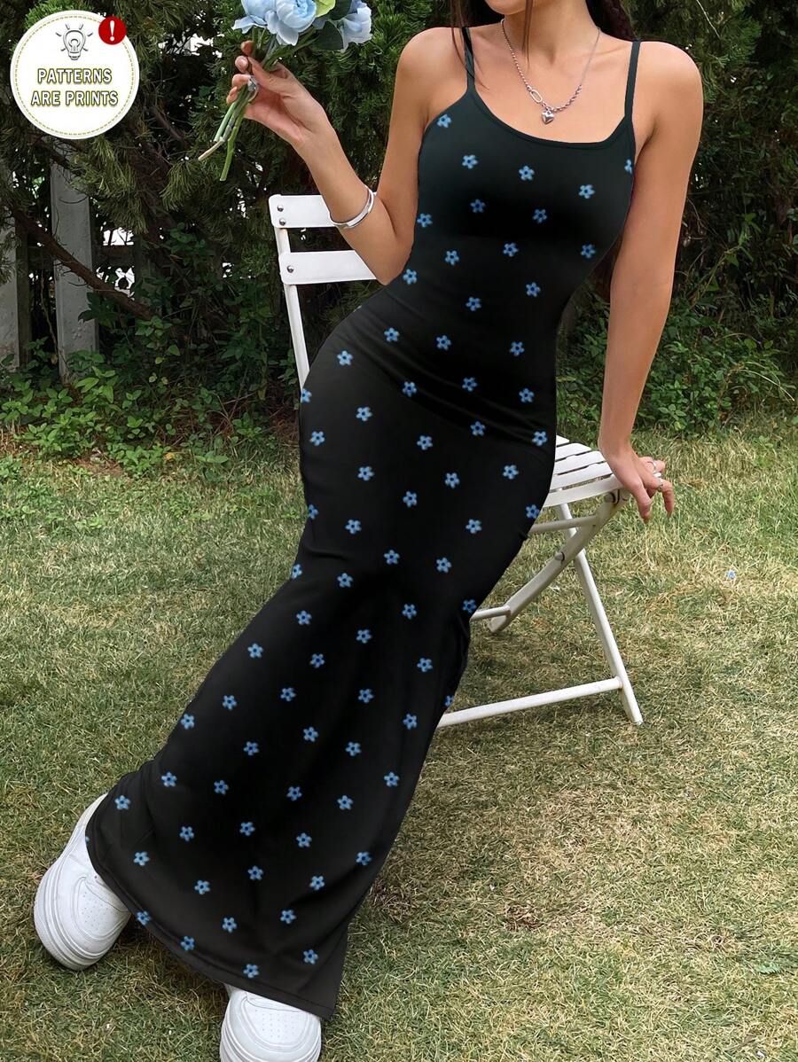 SHEIN EZwear Váy yếm bó sát dài đến đầu gối họa tiết hoa giả màu xanh tối giản giản dị, phù hợp cho mùa hè - Nhiều màu - Xem 1