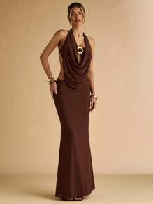 SHEIN BAE 夏季女式金属扣露背透视上衣和女式鱼尾中长裙两件套女式两件套女式棕色两件套 - 棕色 - 查看 7