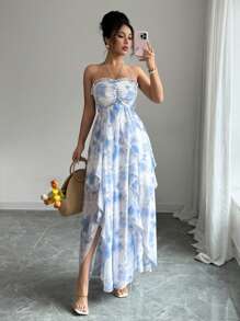 Elenzga 女式优雅度假无袖不对称下摆开衩 A 字形连衣裙，春夏