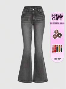 ROMWE Grunge Punk 返校季女式朋克风复古刺绣修身喇叭低腰牛仔裤，浅蓝色 - 灰色 - 查看 5