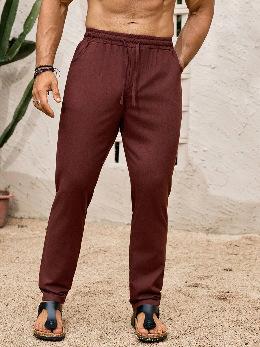 Genlund Celana Linen Pria Polos Kasual Slim Fit Celana Linen Pria Celana Jogger Pria - merah tua - View 1