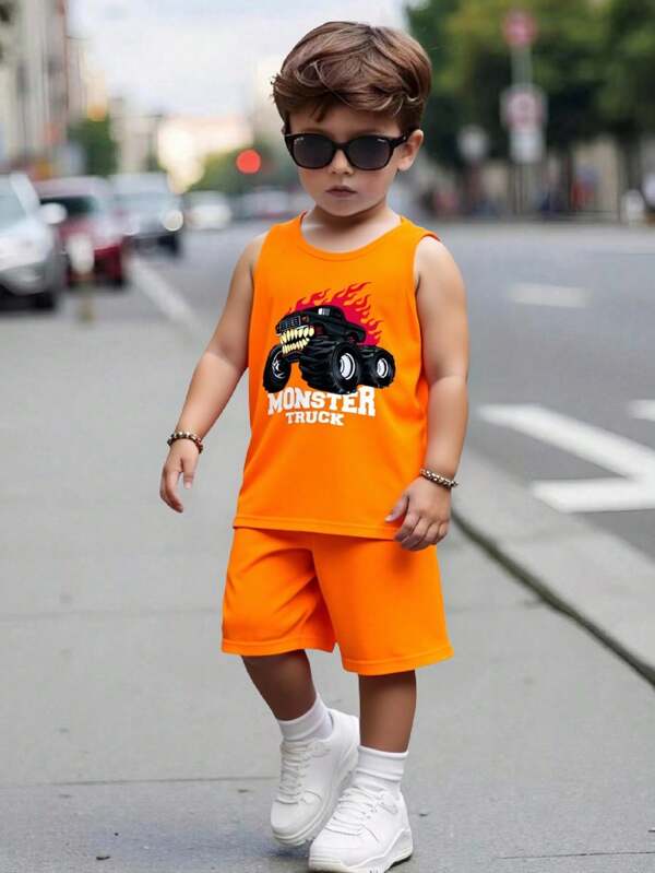 SHEIN 2pcs Fashion Monster/Cartoon Print Short Sleeve T-Shirt & Shorts Set, Casual Look For Young Boys In Summer