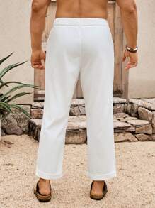 Manfinity RSRT 男士休闲纯色拉链宽松阔腿裤，夏季 - 白色 - 查看 2