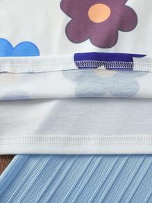 SHEIN 女童度假休闲基础款花卉印花宽松T恤+梭织纹理宽松裤套装，日常穿着 - 藍色 - 查看 4